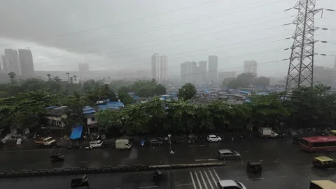 Western express highway road  rainy season Mumbai from the metro top view Stock Footage 201284234