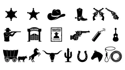 Western frontier theme silhouette icon collection set for graphic design Stock Illustration