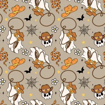 Western Halloween Seamless Pattern Cowboy Ghost Lasso Doodle Retro Groovy i.. Stock Illustration