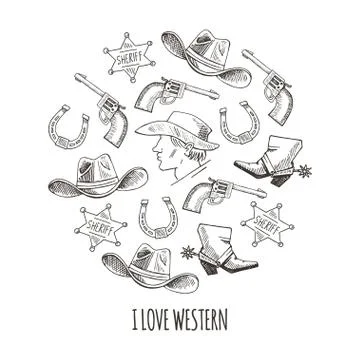 Western hand draw sketch vector set. Stock Illustration