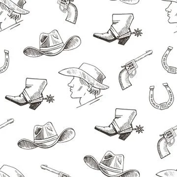 Western hand draw sketch vector seamless pattern. Stock Illustration