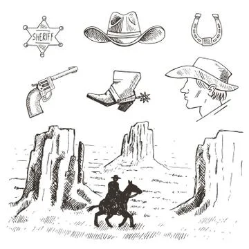 Western hand draw sketch vector set. Stock Illustration