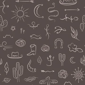 Western hand drawn line elements seamless pattern. Wild west ethnic dark Stock Illustration