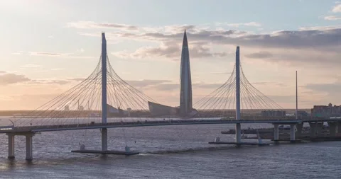 Western High-Speed Diameter and Lakhta Center skyscraper evening timelapse Video stock 148340941