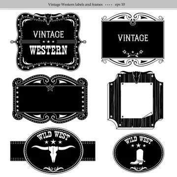 Western labels. Vector black silhouettes isolated on white for design Stock Illustration