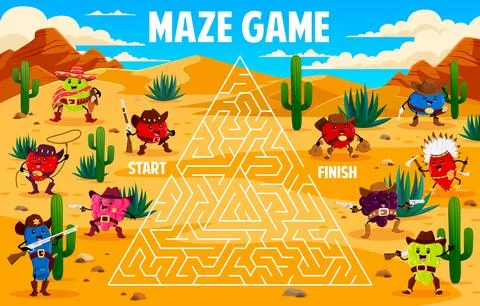 Western labyrinth maze, help cartoon berry sheriff Stock Illustration