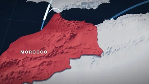 Western Mediterranean 3D elevation relief map with morocco highlighted in red Stock-Footage 344010662