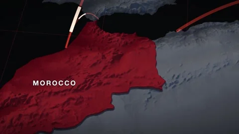Western Mediterranean 3D elevation relief map with morocco highlighted in red Stock Footage 344010725