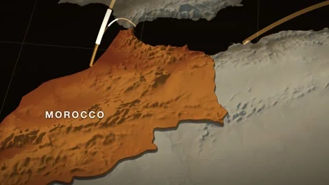 Western Mediterranean 3D elevation relief map with morocco highlighted in red Stock Footage 344010813