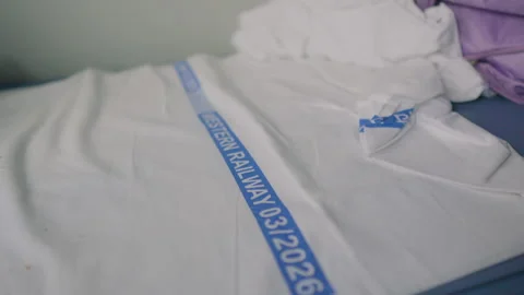 Western Railway Printed Blue Logo on Bed Linen in AC Train Coach Stock Footage 344580896