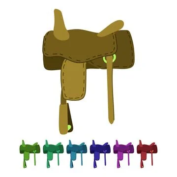 Western saddle in red brown standing against white background graphic Stock Illustration
