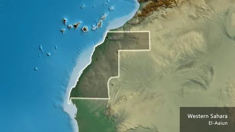 Western Sahara border shape overlay. Glowed. Relief. Labels Stock Illustration