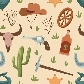 Western seamless pattern. Wild west vintage elements, cowboy repeated symbols Stock Illustration