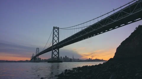 Western Span Bay Bridge Silhouette at Sunset Stock Footage 337513490
