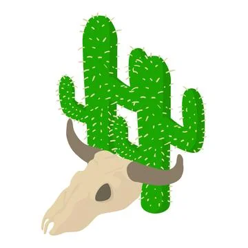 Western symbol icon isometric vector. Buffalo skull near giant green cactus icon Illustrazione stock