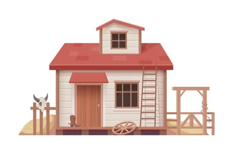 Western town building with red tiled roof Stock Illustration