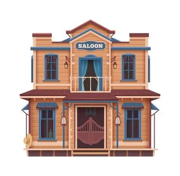 Western town saloon cartoon two storey building Stock Illustration