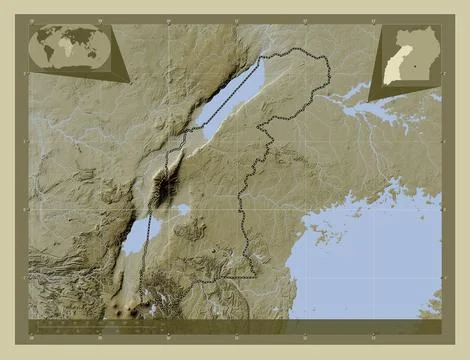 Western, Uganda. Elevation map colored in wiki style with lakes and rivers Stock Illustration