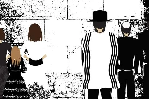 Western Wall, Jerusalem. The Wailing Wall. Religious Jewish Hasidim in hats and Stock Illustration