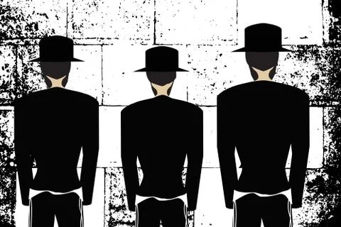 Western Wall, Jerusalem. The Wailing Wall. Religious Jewish Hasidim in hats and Illustrazione stock