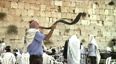 Western wall - Ram's horn (shofar) 3 Stock Footage