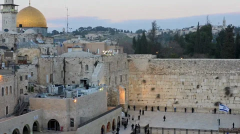 Western Wall (Wailing Wall) from distance in time lapse at dusk Stock Footage 33736690