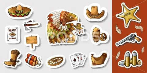 Western wild west art stickers set. Gun, bullets, dynamite and many other items Stock Illustration