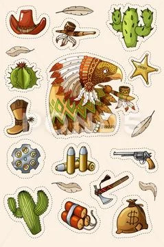 Western wild west art stickers set. Gun, bullets, cactuses and many other items Stock Illustration