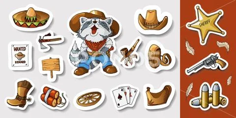 Western wild west art stickers set. Gun, bullets, cactuses and many other items Stock Illustration