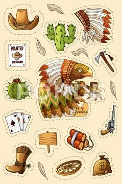 Western wild west art stickers set. Gun, bullets, cactuses and many other items Stock Illustration