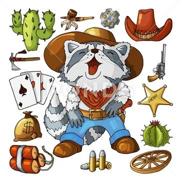 Western wild west art stickers set. Gun, bullets, cactuses and many other items Stock Illustration
