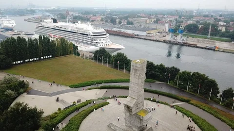Westerplatte - Monument of the Coast Defenders. Cruise ship Stock Footage 121781853