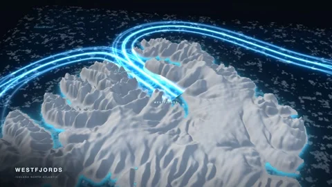 Westfjords 3D White Terrain Relief Map With Glowing Route And Pack Ice Stock Footage 343395359