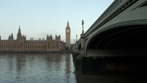 Westminster Bridge, Big Ben and river Thames in London Stock Footage 213328538