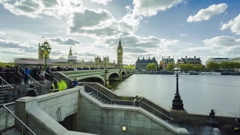 Westminster Bridge, Big Ben, Crowd of people, Timelapse - Zoom IN Stock Footage 76282454