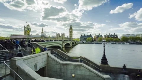 Westminster Bridge, Big Ben, Crowd of people, Timelapse 库存影片 76282524
