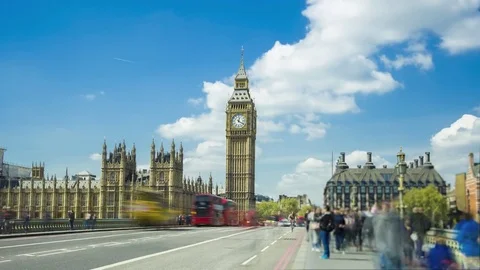 Westminster Bridge, Big Ben, Crowd of people, Timelapse - Zoom OUT 库存影片 76282559