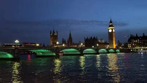 Westminster Bridge Big Ben Palace of Westminster London Night Green Illumina Stock Footage 342959169