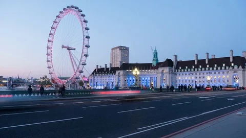 Westminster Bridge &amp; London Eye Time Lapse, London, England, UK, Europe 库存影片 69964853