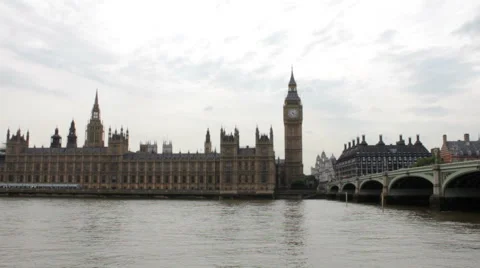 Westminster Palace on a Cloudy Day Pan Stock Footage 47436293