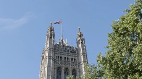 Westminster tower with British flag Stock Footage 124232361