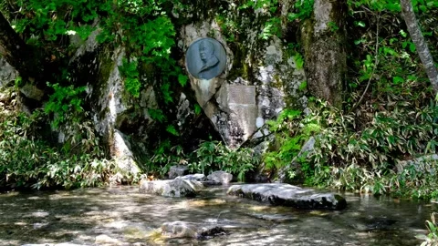 Weston monument and stream in front, Kamikochi, early June Video stock 328301293