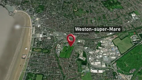 Weston-super-Mare City Map Zoom (UK) from Space to Earth Video stock 243283750
