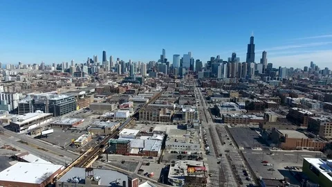 Westside Chicago skyline train Stock Footage 80972570