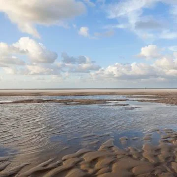 Wet beach and reflections of clouds with blue sky in holland Stock Photos