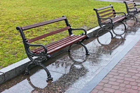 Wet benches after the rain Foto stock