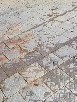 Wet Ceramic Poolside Tiles Texture with Geometric Pattern and Water Stains Outdo 스톡 사진