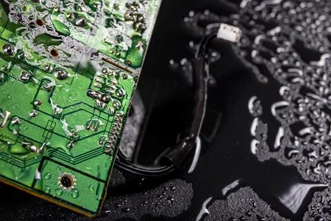 Wet circuit board with electrical paths. Water drops on an electronic device. Stock Photos