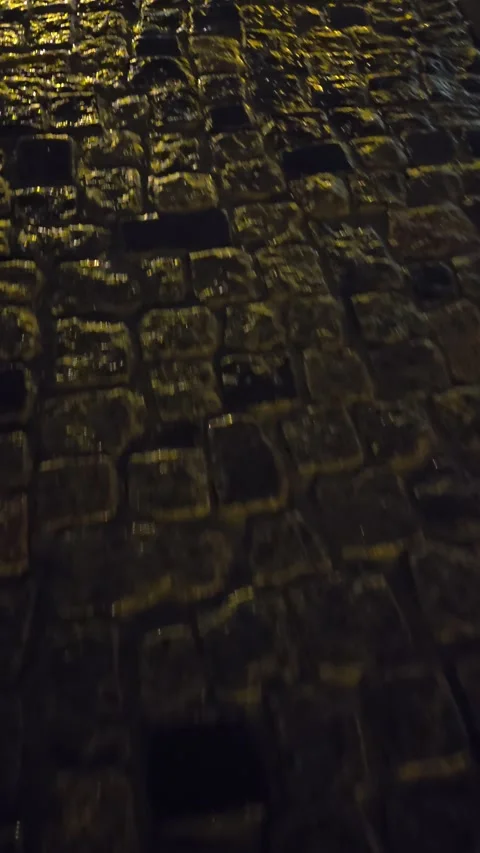 Wet Cobblestone Pavement at Night, Close-Up Shot Stock Footage 331090772