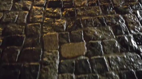 Wet Cobblestone Pavement at Night, Close-Up Shot Stock Footage 331090841
